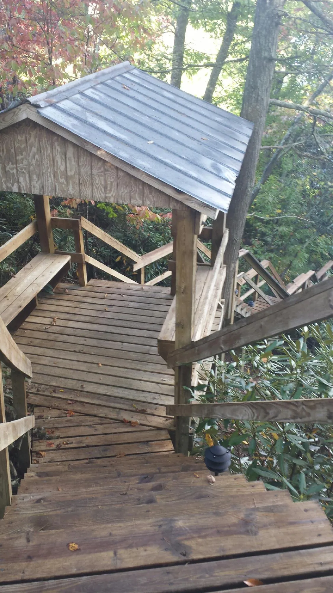 Metal roofed shelter over wooden steps on a wooded walkway — Skylight Repair & Installation work by our crew in Lodge